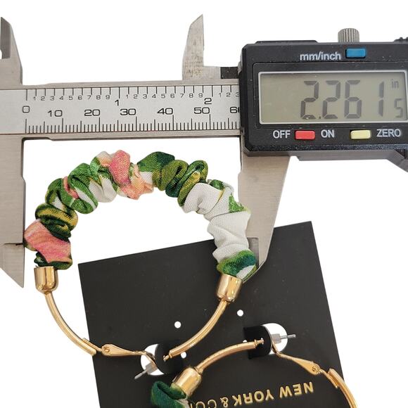 Gold Hoop Earrings Fabric Scrunch Detail 2.25" Green Pink With Gift Bag Trendy - Picture 3 of 8